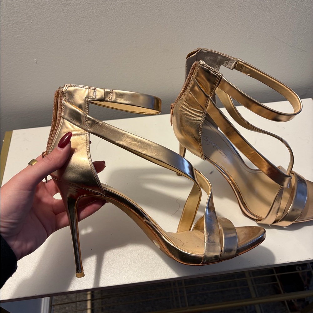 Vince Camuto “ Devin “Shiny  Gold Strappy Heels